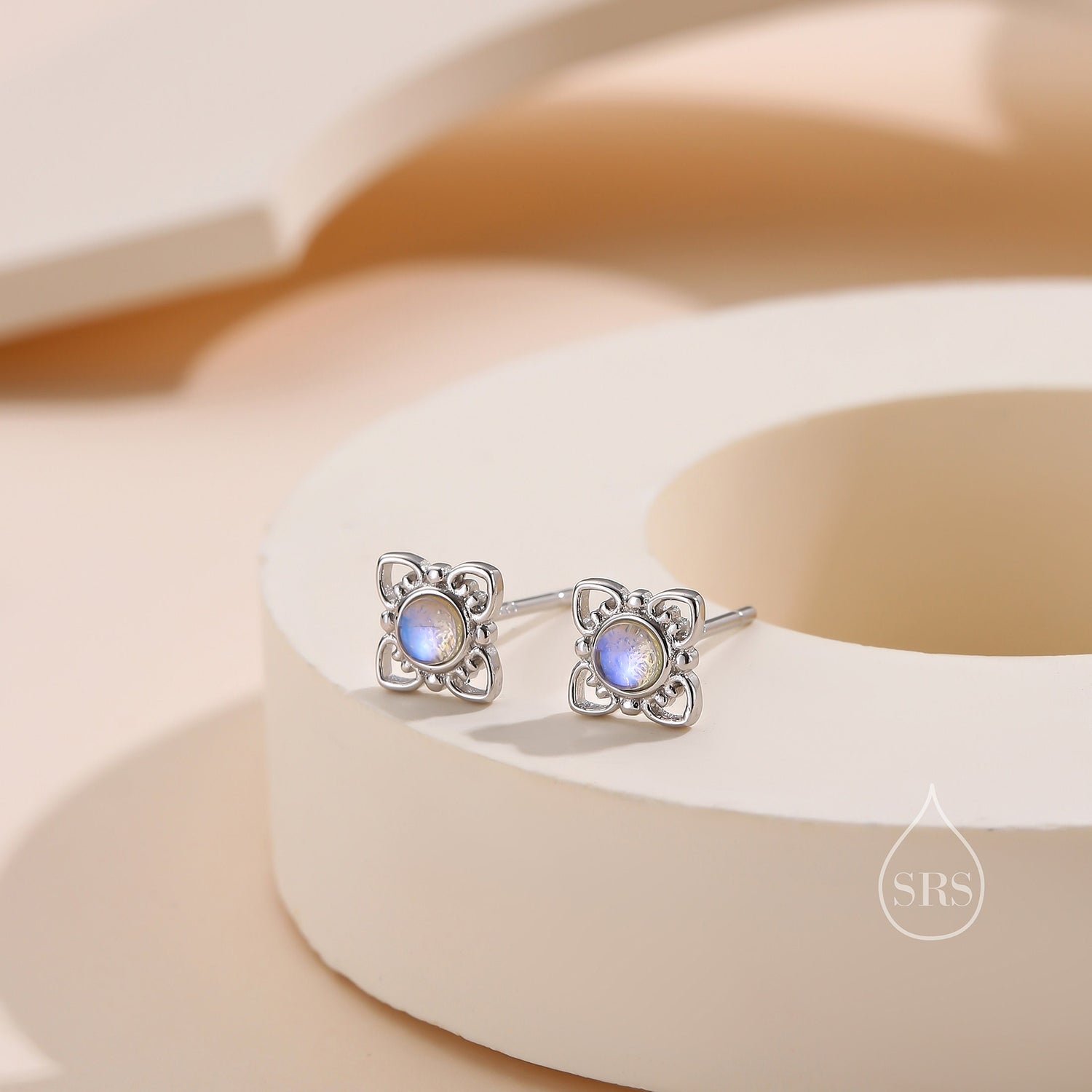 Sterling Silver Vintage Inspired Moonstone Stud Earrings, Mermaid Colour Earrings, Simulated Moonstone Glass Earrings, Minimalist