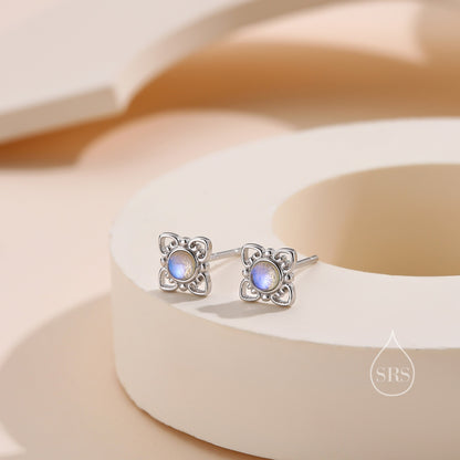 Sterling Silver Vintage Inspired Moonstone Stud Earrings, Mermaid Colour Earrings, Simulated Moonstone Glass Earrings, Minimalist