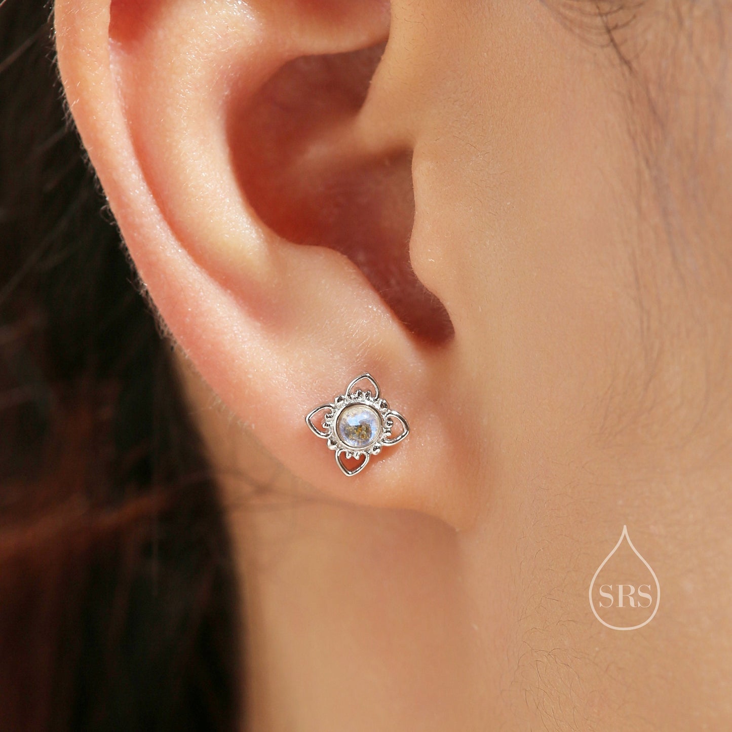 Sterling Silver Vintage Inspired Moonstone Stud Earrings, Mermaid Colour Earrings, Simulated Moonstone Glass Earrings, Minimalist