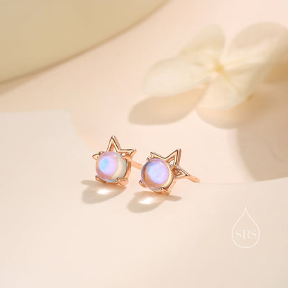 Moonstone Star Stud Earrings in Sterling Silver, Silver or Gold or Rose Gold, Delicate Star Earrings, Moonstone Earrings, Celestial Earrings