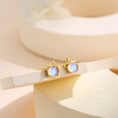 Moonstone Star Stud Earrings in Sterling Silver, Silver or Gold or Rose Gold, Delicate Star Earrings, Moonstone Earrings, Celestial Earrings