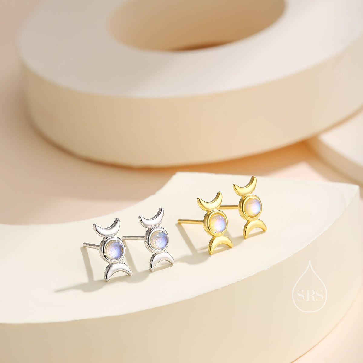 Moon Phase Moonstone Stud Earrings in Sterling Silver, Silver or Gold, Triple Moon Earrings, Moonstone Earrings, Triple Goddess Earrings