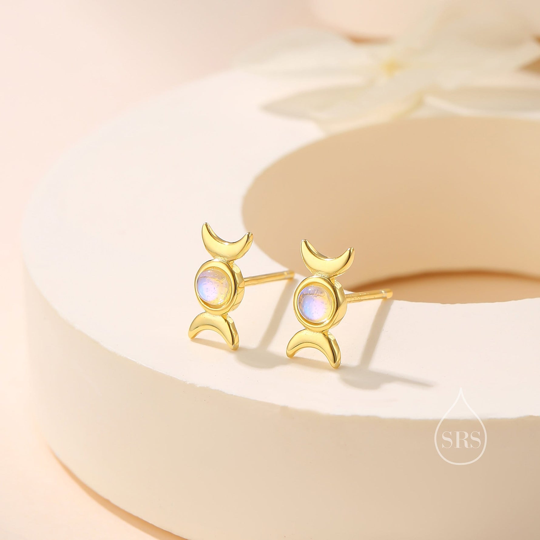 Moon Phase Moonstone Stud Earrings in Sterling Silver, Silver or Gold, Triple Moon Earrings, Moonstone Earrings, Triple Goddess Earrings