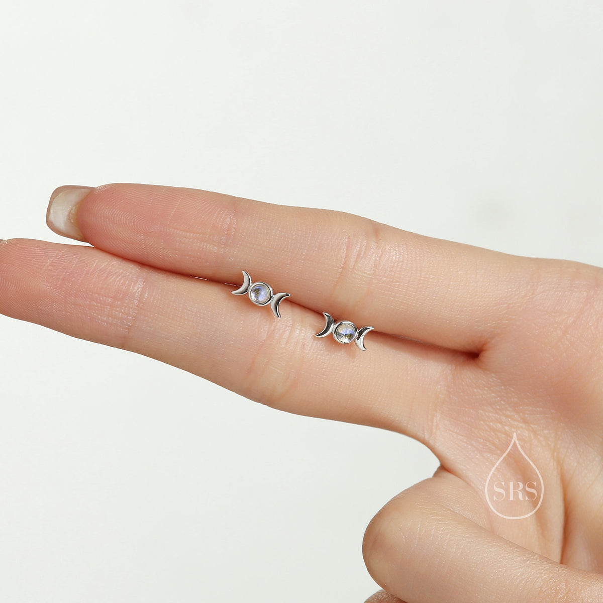 Moon Phase Moonstone Stud Earrings in Sterling Silver, Silver or Gold, Triple Moon Earrings, Moonstone Earrings, Triple Goddess Earrings