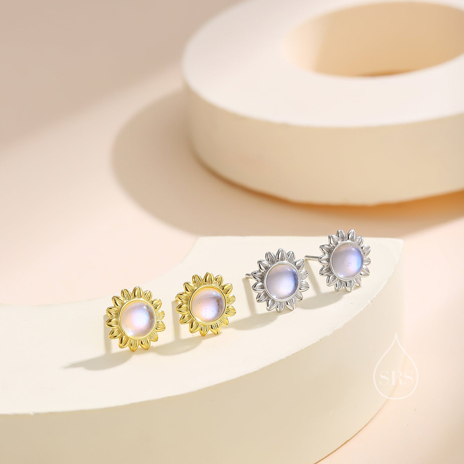 Sunflower Moonstone Stud Earrings in Sterling Silver, Silver or Gold, Delicate Sunflower Earrings, Moonstone Earrings