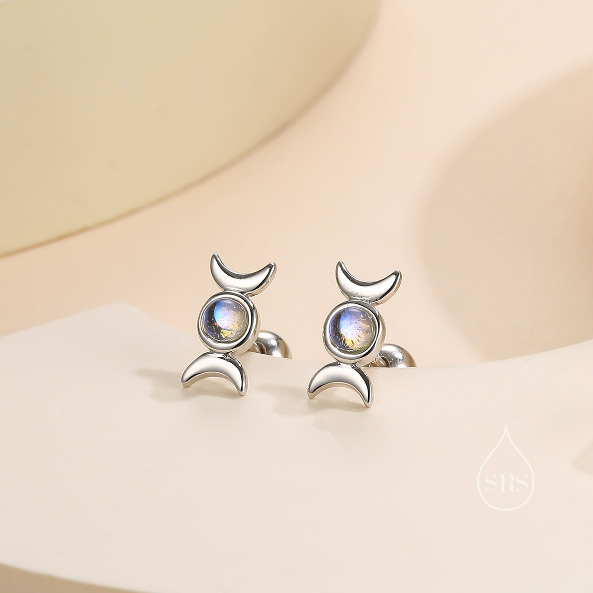 Moon Phase Moonstone Screw Back Earrings in Sterling Silver, Silver or Gold, Delicate Moon Earrings, Moonstone Earrings, Celestial Earrings