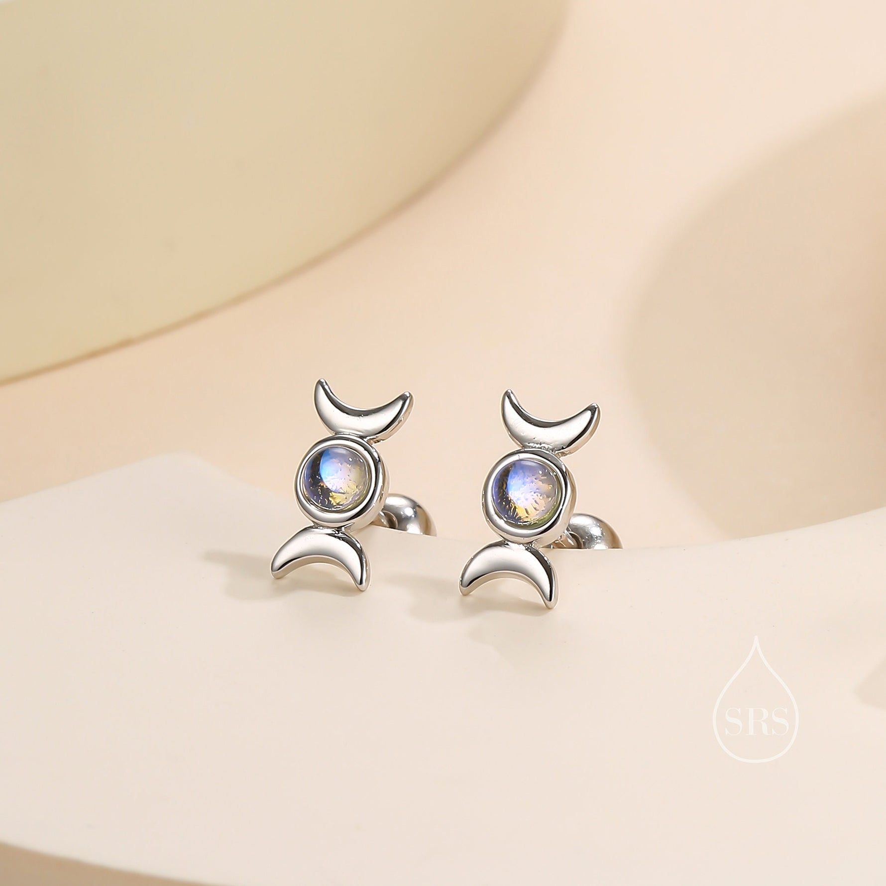 Moon Phase Moonstone Screw Back Earrings in Sterling Silver, Silver or Gold, Delicate Moon Earrings, Moonstone Earrings, Celestial Earrings