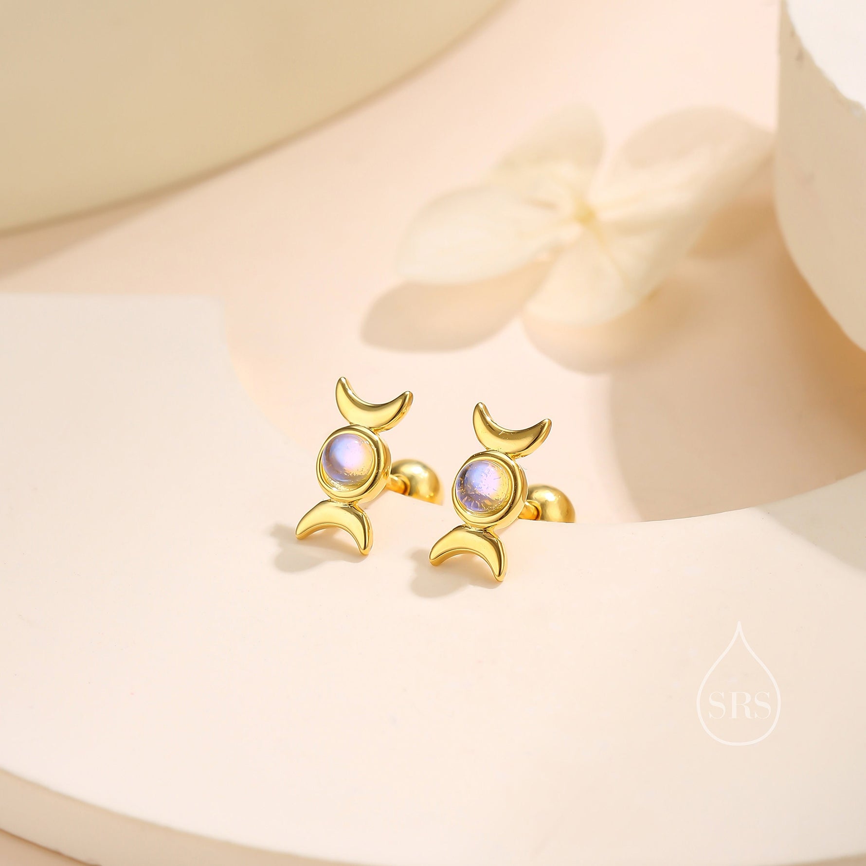 Moon Phase Moonstone Screw Back Earrings in Sterling Silver, Silver or Gold, Delicate Moon Earrings, Moonstone Earrings, Celestial Earrings