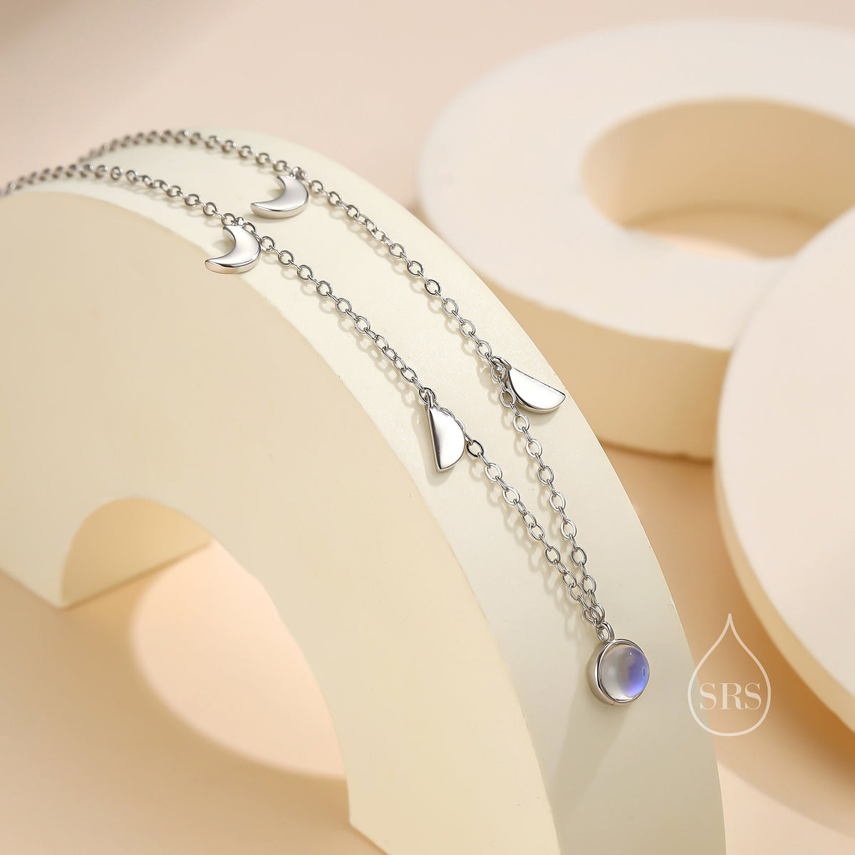 Moon Phase Charm Necklace in Sterling Silver with Moonstone, Crescent Moon Necklace, Moon Pendant, New Moon Necklace