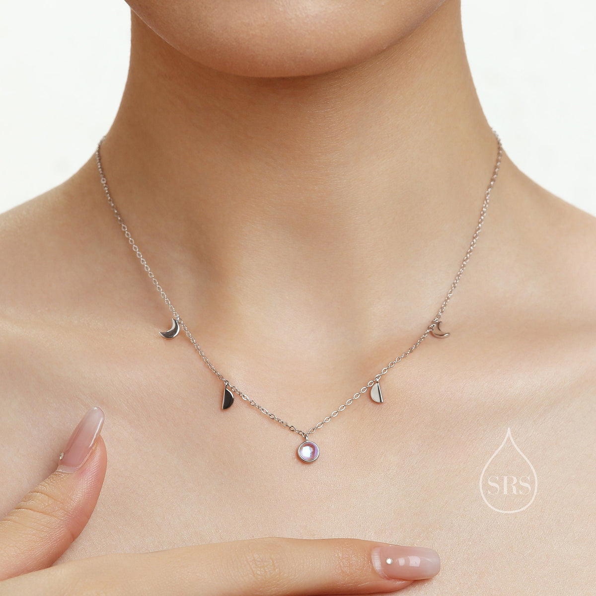 Moon Phase Charm Necklace in Sterling Silver with Moonstone, Crescent Moon Necklace, Moon Pendant, New Moon Necklace