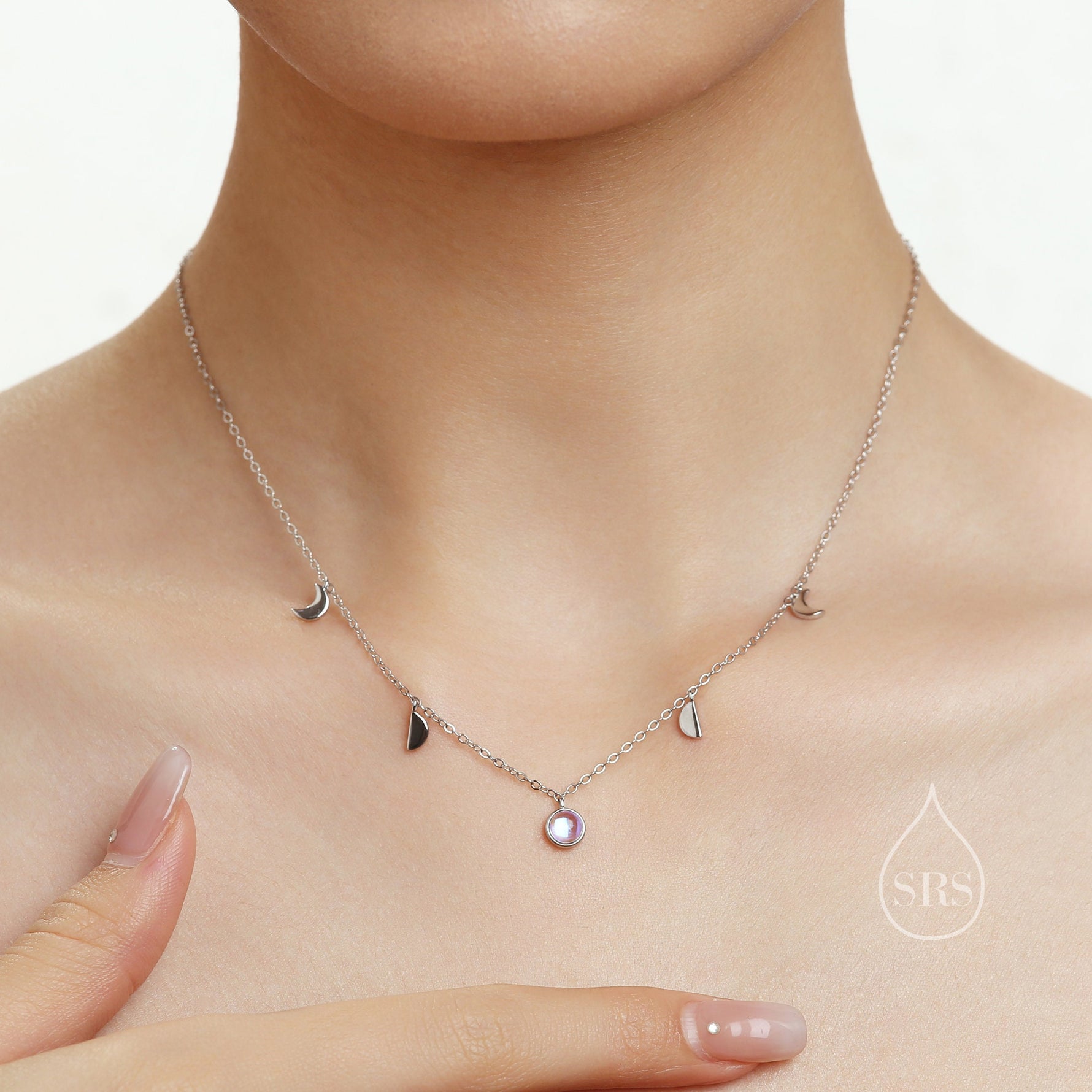 Moon Phase Charm Necklace in Sterling Silver with Moonstone, Crescent Moon Necklace, Moon Pendant, New Moon Necklace