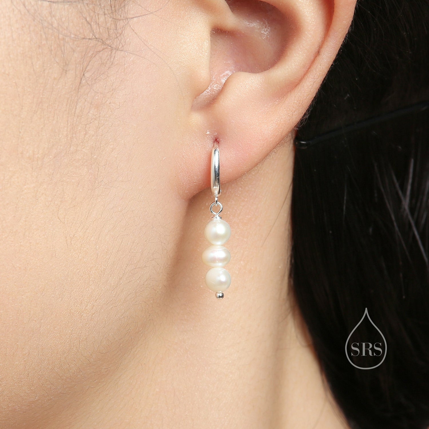 Genuine Freshwater Pearl Trio Huggie Hoop Earrings in Sterling Silver, Silver or Gold, Pearl Cluster Dangle Earrings, Three Pearl Hoops