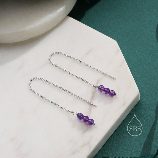 Genuine Amethyst Gemstone Ear Threaders in Sterling Silver, Three Beads Threader Earrings, Ear Jacket, Purple Amethyst Crystal Earrings