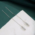 Genuine Labradorite Gemstone Ear Threaders in Sterling Silver, Three Beads Threader Earrings, Ear Jacket, Grey Moonstone Crystal Earrings