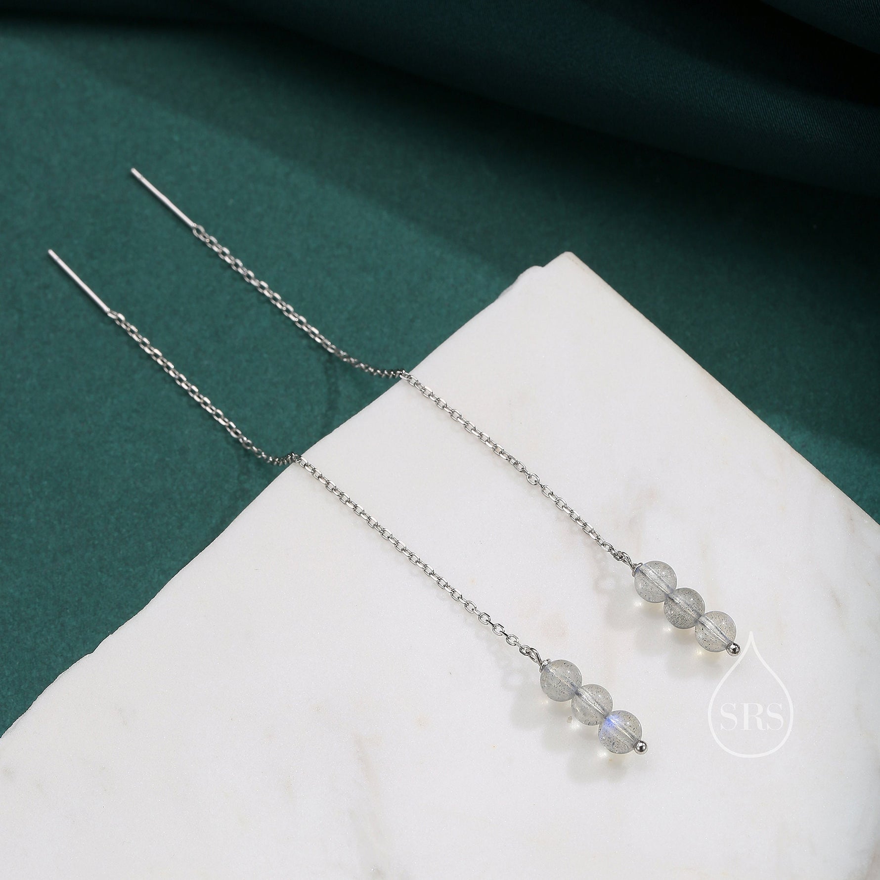 Genuine Labradorite Gemstone Ear Threaders in Sterling Silver, Three Beads Threader Earrings, Ear Jacket, Grey Moonstone Crystal Earrings