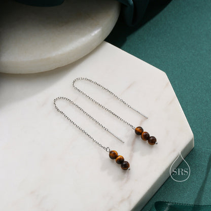 Genuine Tiger&#39;s Eye Ear Threaders in Sterling Silver, Three Beads Threader Earrings, Ear Jacket, Tiger&#39;s Eye Earrings