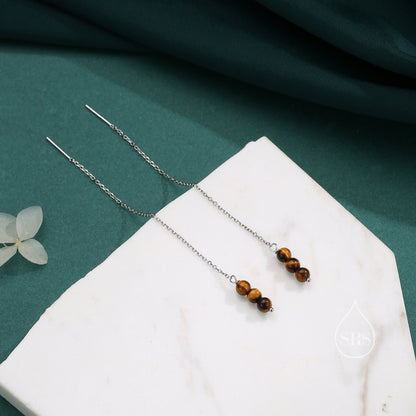 Genuine Tiger&#39;s Eye Ear Threaders in Sterling Silver, Three Beads Threader Earrings, Ear Jacket, Tiger&#39;s Eye Earrings