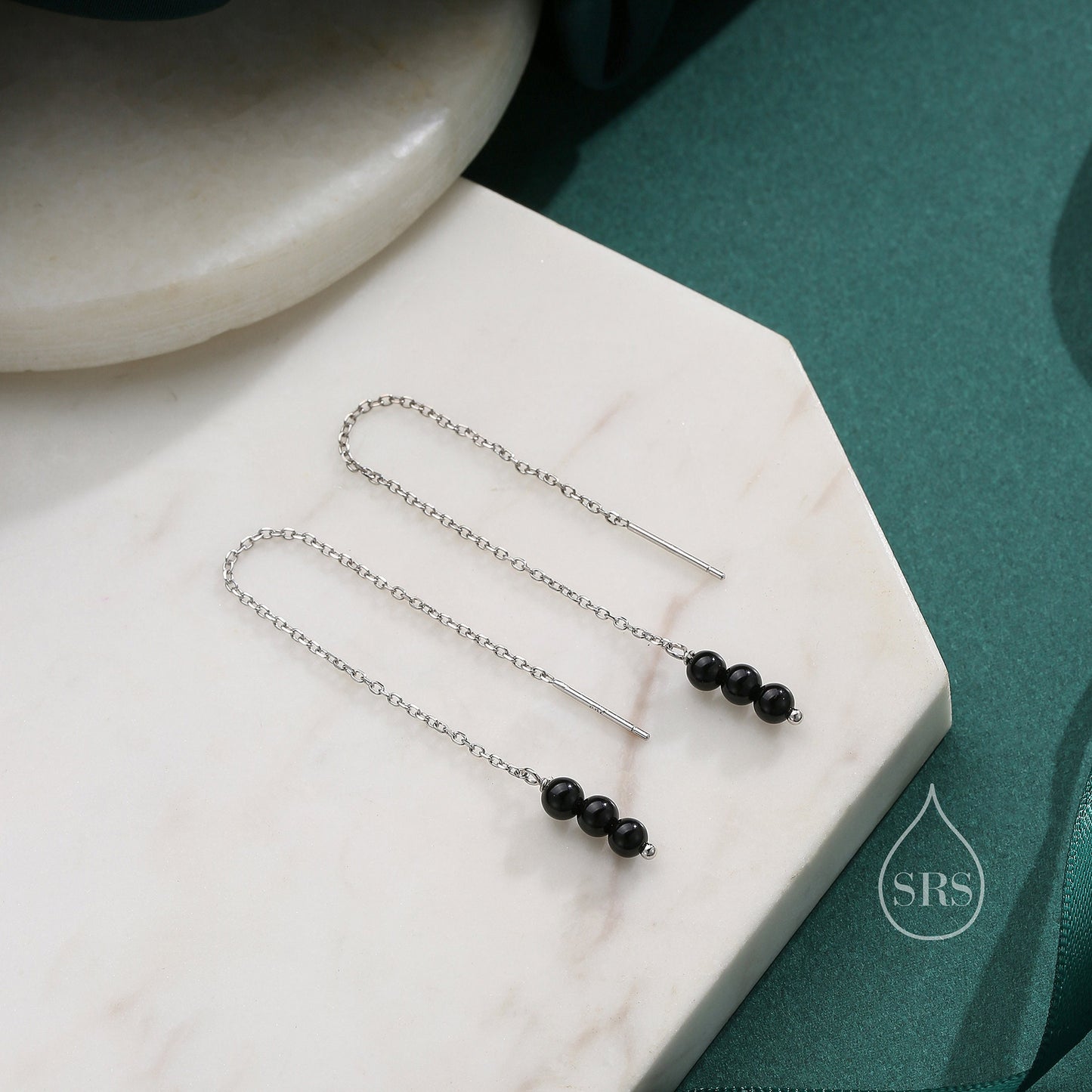 Genuine Black Onyx Threaders in Sterling Silver, Three Beads Threader Earrings, Ear Jacket, Black Onyx Earrings