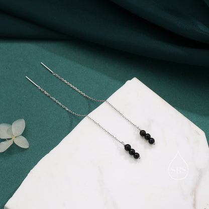 Genuine Black Onyx Threaders in Sterling Silver, Three Beads Threader Earrings, Ear Jacket, Black Onyx Earrings