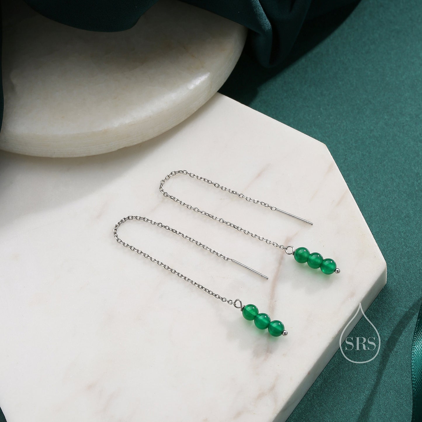 Genuine Green Onyx Threaders in Sterling Silver, Three Beads Threader Earrings, Ear Jacket, Green Onyx Earrings