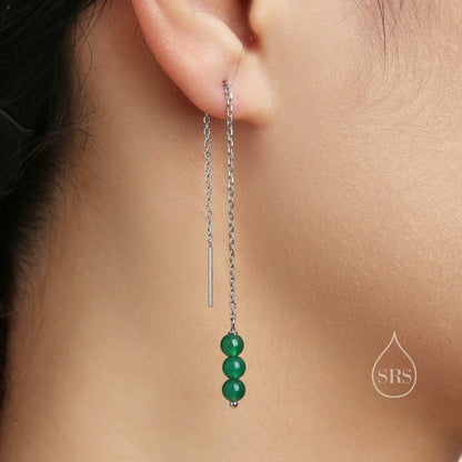 Genuine Green Onyx Threaders in Sterling Silver, Three Beads Threader Earrings, Ear Jacket, Green Onyx Earrings