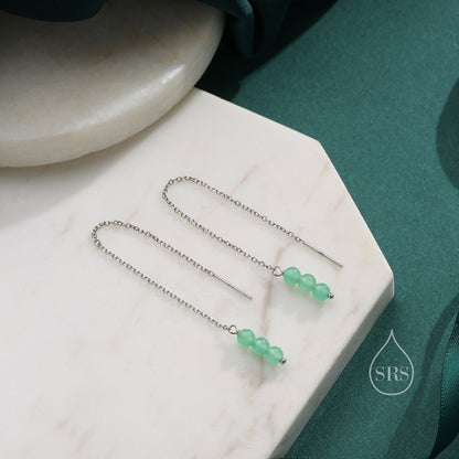 Genuine Green Chalcedony Threaders in Sterling Silver, Three Beads Threader Earrings, Ear Jacket, Green Chalcedony Earrings