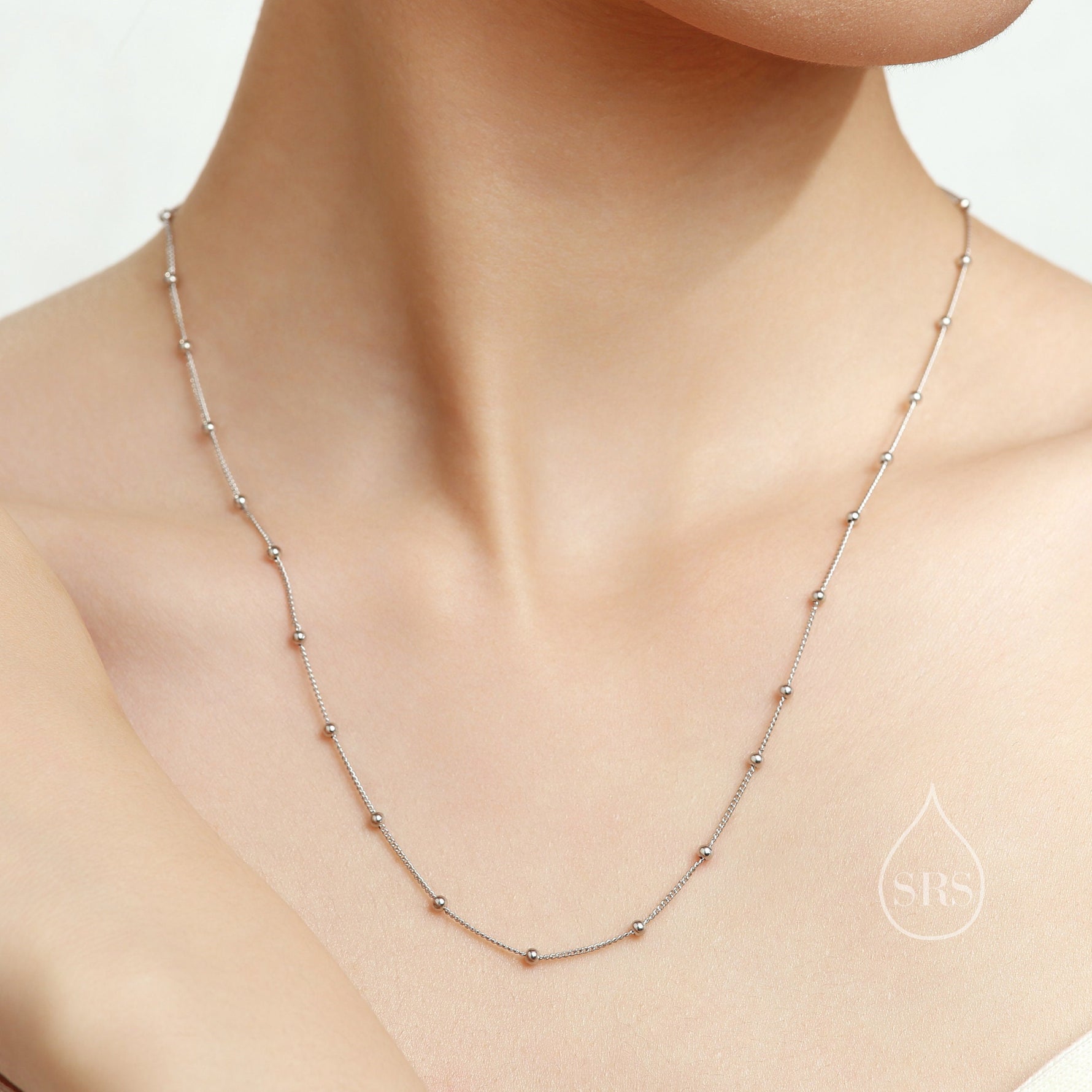 Minimalist Bead Motif Necklace in Sterling Silver, Various Lengths, Silver or Gold or Rose Gold, Bead Choker Necklace