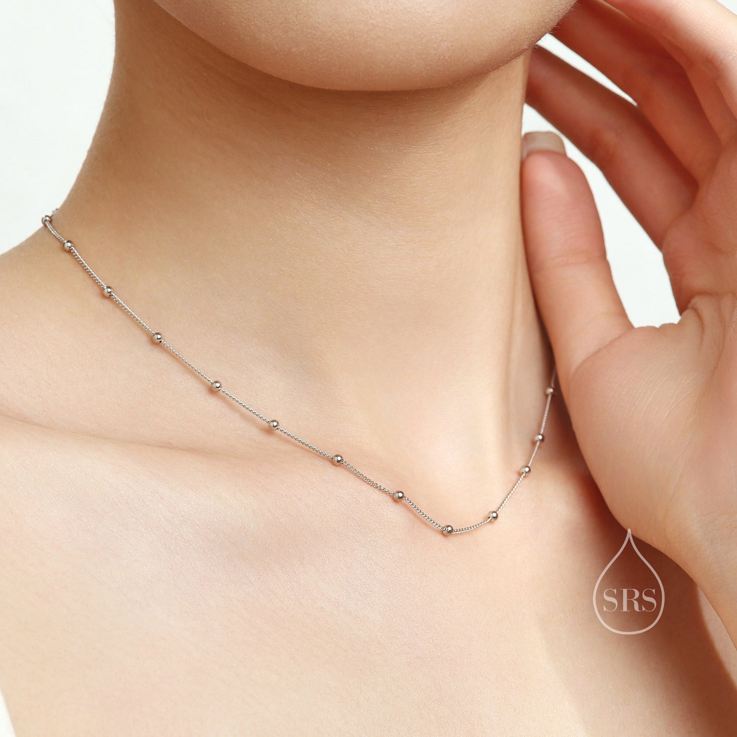 Minimalist Bead Motif Necklace in Sterling Silver, Various Lengths, Silver or Gold or Rose Gold, Bead Choker Necklace