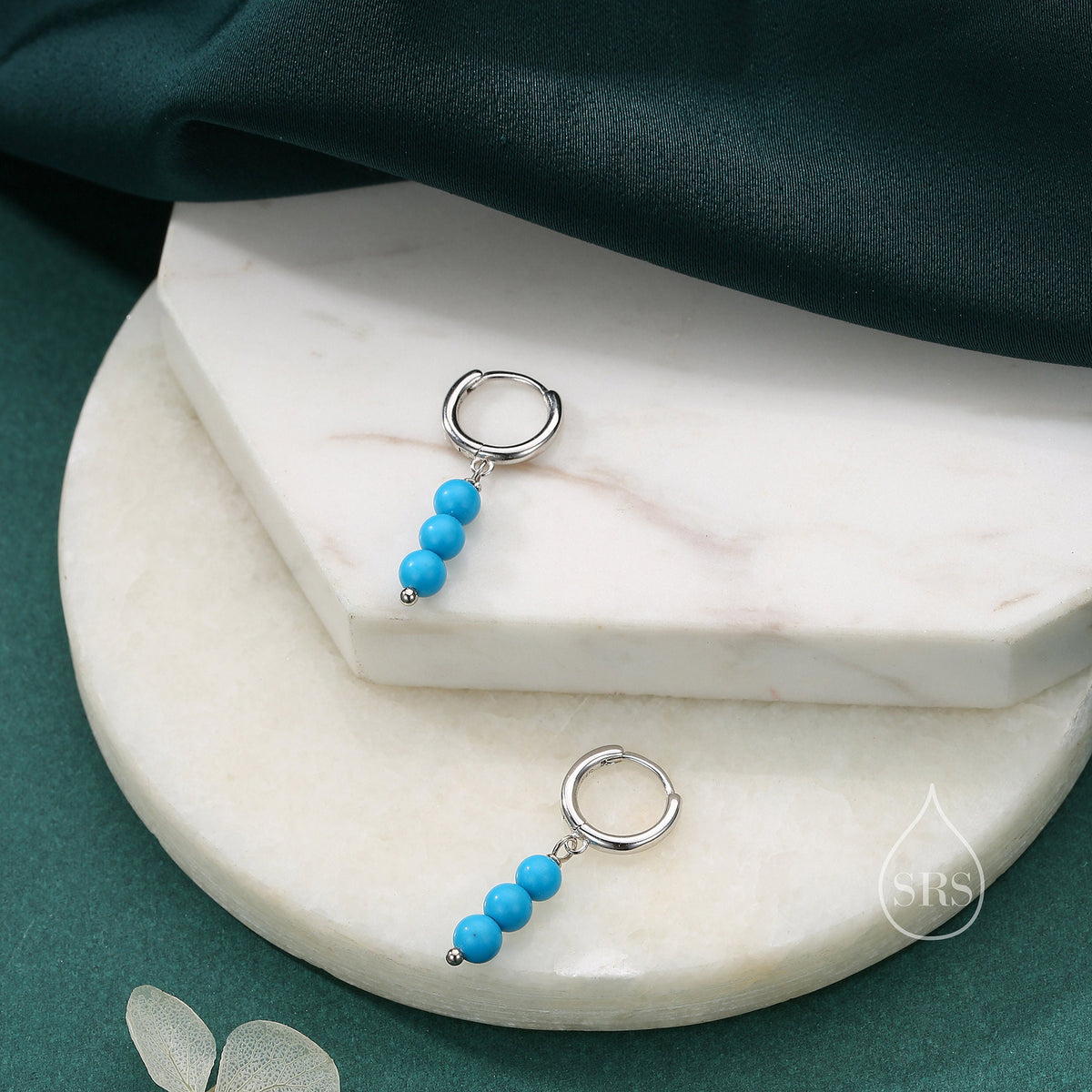 Genuine Turquoise Trio Huggie Hoop Earrings in Sterling Silver, Silver or Gold, Blue Turquoise Cluster Dangle Earrings, Three Turquoise Hoop