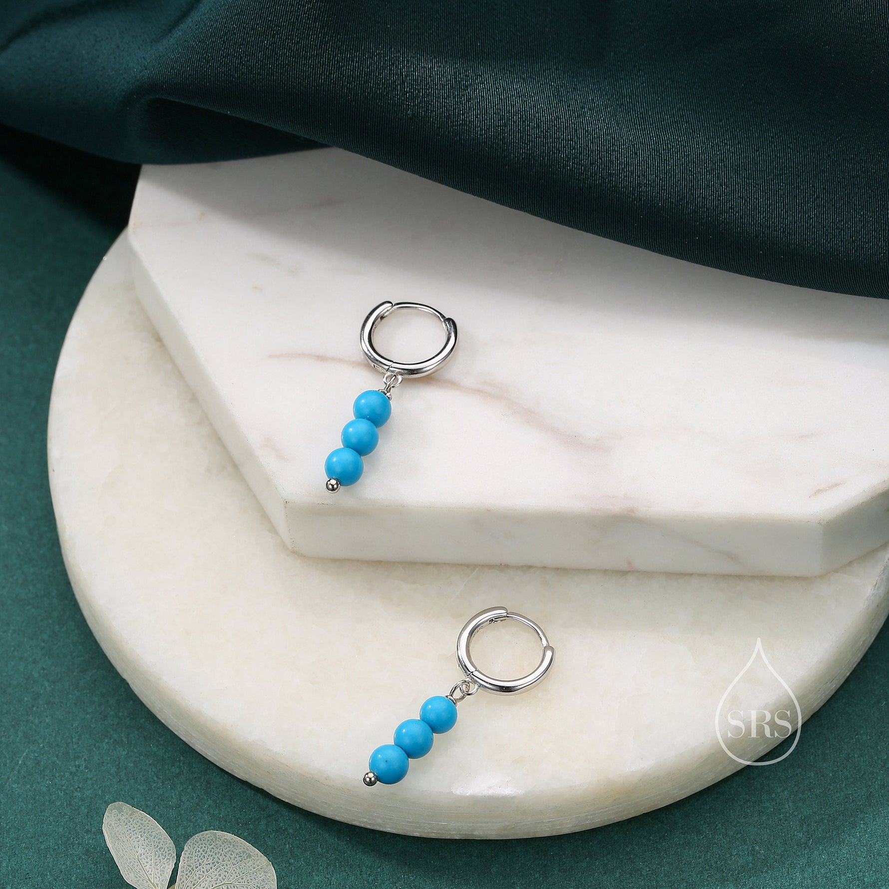 Genuine Turquoise Trio Huggie Hoop Earrings in Sterling Silver, Silver or Gold, Blue Turquoise Cluster Dangle Earrings, Three Turquoise Hoop