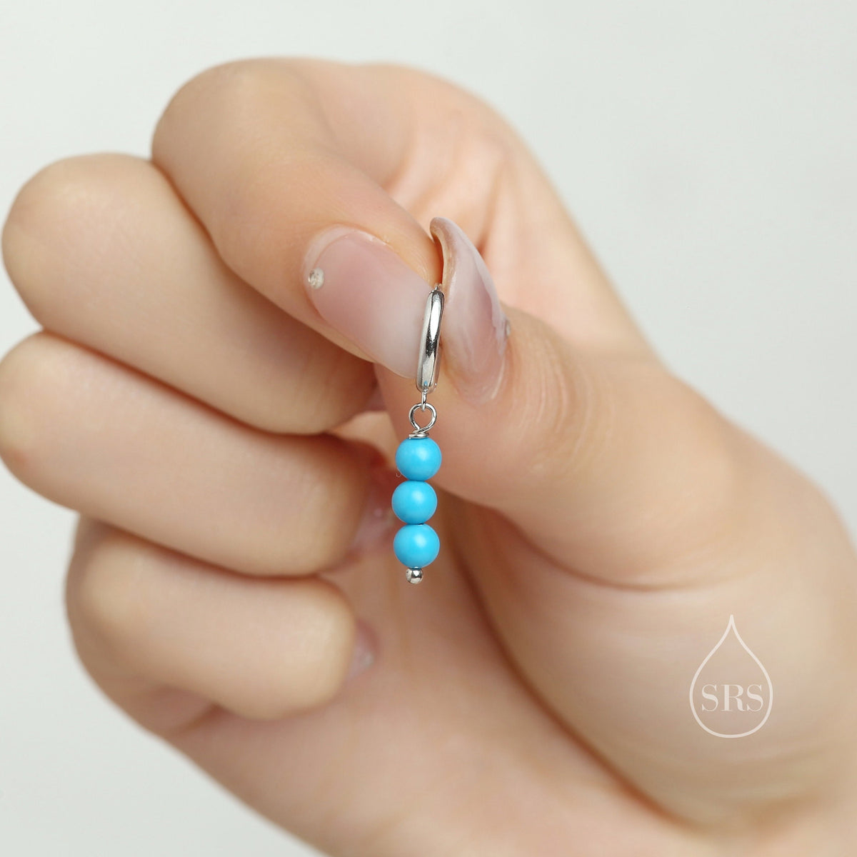 Genuine Turquoise Trio Huggie Hoop Earrings in Sterling Silver, Silver or Gold, Blue Turquoise Cluster Dangle Earrings, Three Turquoise Hoop