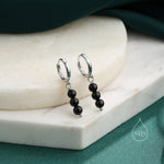 Genuine Black Onyx Stone Trio Huggie Hoop Earrings in Sterling Silver, Black Onyx Cluster Dangle Earrings, Three Onyx Hoops