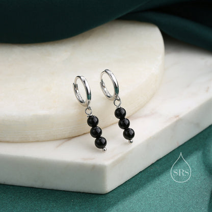 Genuine Black Onyx Stone Trio Huggie Hoop Earrings in Sterling Silver, Black Onyx Cluster Dangle Earrings, Three Onyx Hoops