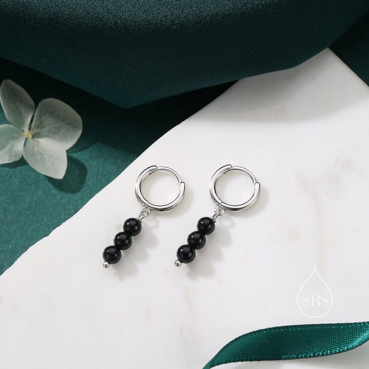 Genuine Black Onyx Stone Trio Huggie Hoop Earrings in Sterling Silver, Black Onyx Cluster Dangle Earrings, Three Onyx Hoops