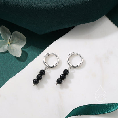 Genuine Black Onyx Stone Trio Huggie Hoop Earrings in Sterling Silver, Black Onyx Cluster Dangle Earrings, Three Onyx Hoops