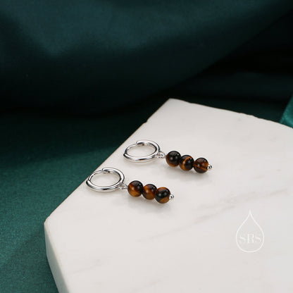 Genuine Tiger&#39;s Eye Stone Trio Huggie Hoop Earrings in Sterling Silver, Tiger Eye Cluster Dangle Earrings, Three Tiger&#39;s Eye Stone Hoops