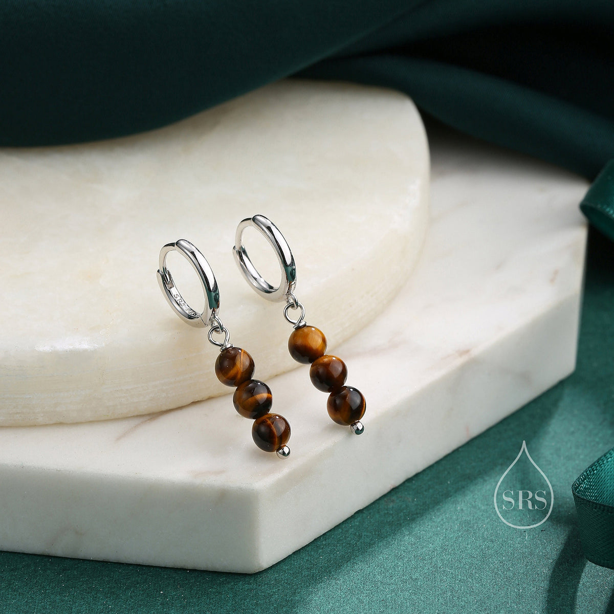 Genuine Tiger's Eye Stone Trio Huggie Hoop Earrings in Sterling Silver, Tiger Eye Cluster Dangle Earrings, Three Tiger's Eye Stone Hoops