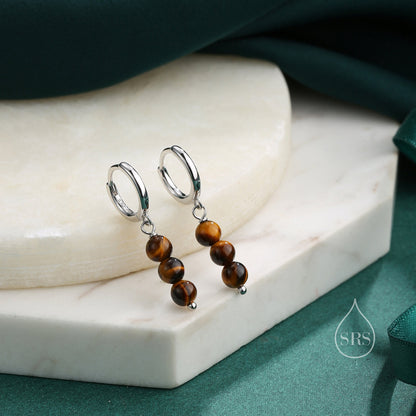 Genuine Tiger&#39;s Eye Stone Trio Huggie Hoop Earrings in Sterling Silver, Tiger Eye Cluster Dangle Earrings, Three Tiger&#39;s Eye Stone Hoops