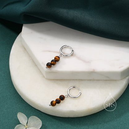 Genuine Tiger&#39;s Eye Stone Trio Huggie Hoop Earrings in Sterling Silver, Tiger Eye Cluster Dangle Earrings, Three Tiger&#39;s Eye Stone Hoops