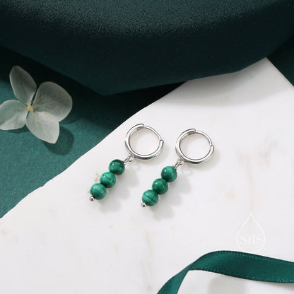 Genuine Malachite Stone Trio Huggie Hoop Earrings in Sterling Silver, Green Malachite Cluster Dangle Earrings, Three Stone Hoops