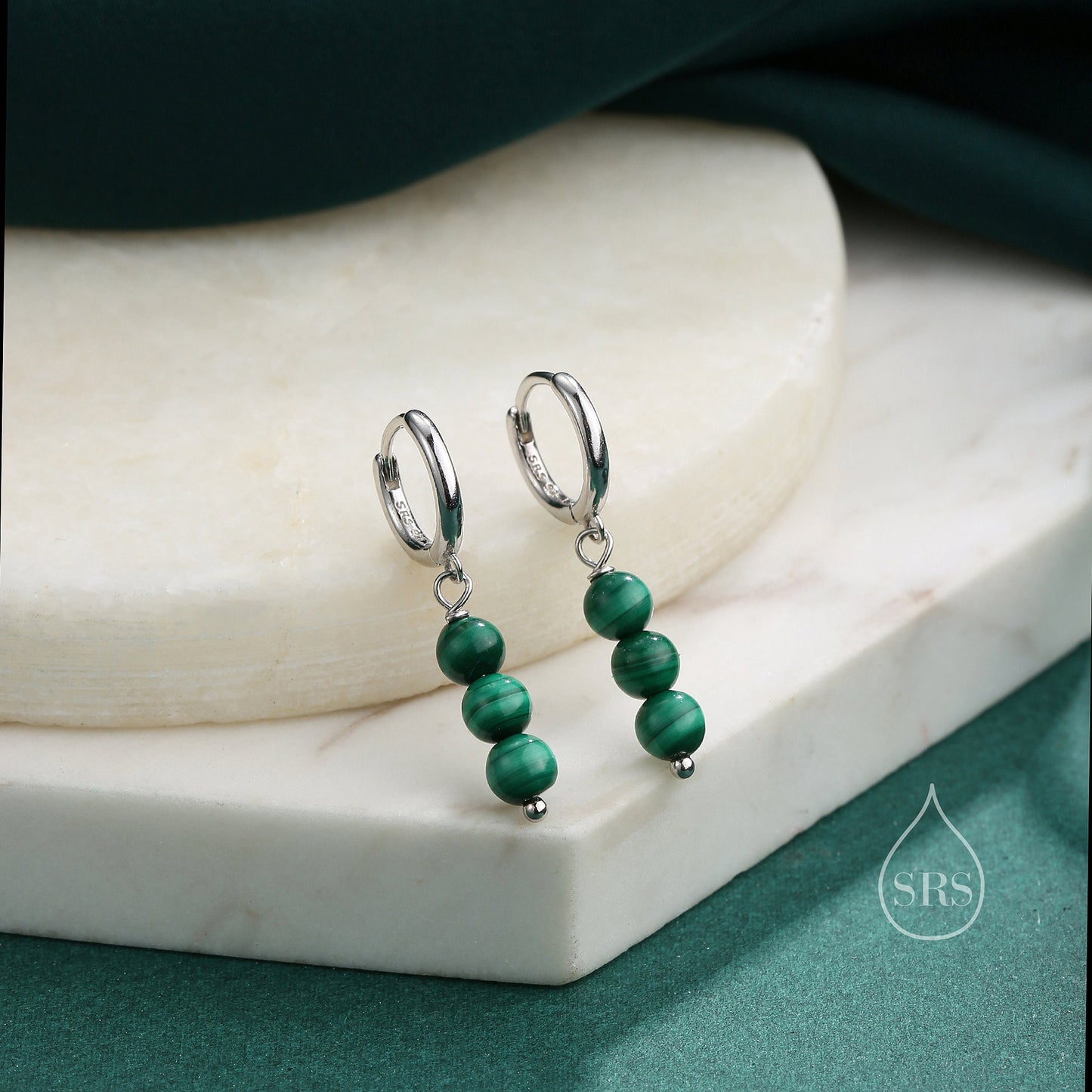 Genuine Malachite Stone Trio Huggie Hoop Earrings in Sterling Silver, Green Malachite Cluster Dangle Earrings, Three Stone Hoops