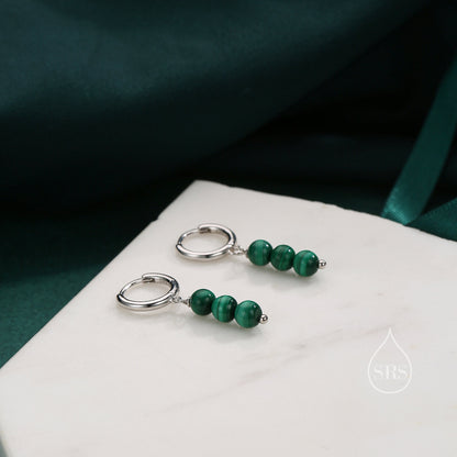 Genuine Malachite Stone Trio Huggie Hoop Earrings in Sterling Silver, Green Malachite Cluster Dangle Earrings, Three Stone Hoops