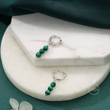 Genuine Malachite Stone Trio Huggie Hoop Earrings in Sterling Silver, Green Malachite Cluster Dangle Earrings, Three Stone Hoops