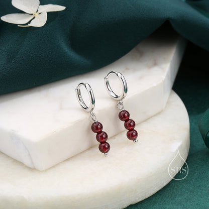 Genuine Garnet Stone Trio Huggie Hoop Earrings in Sterling Silver, Red Garnet Cluster Dangle Earrings, Three Stone Hoops, January