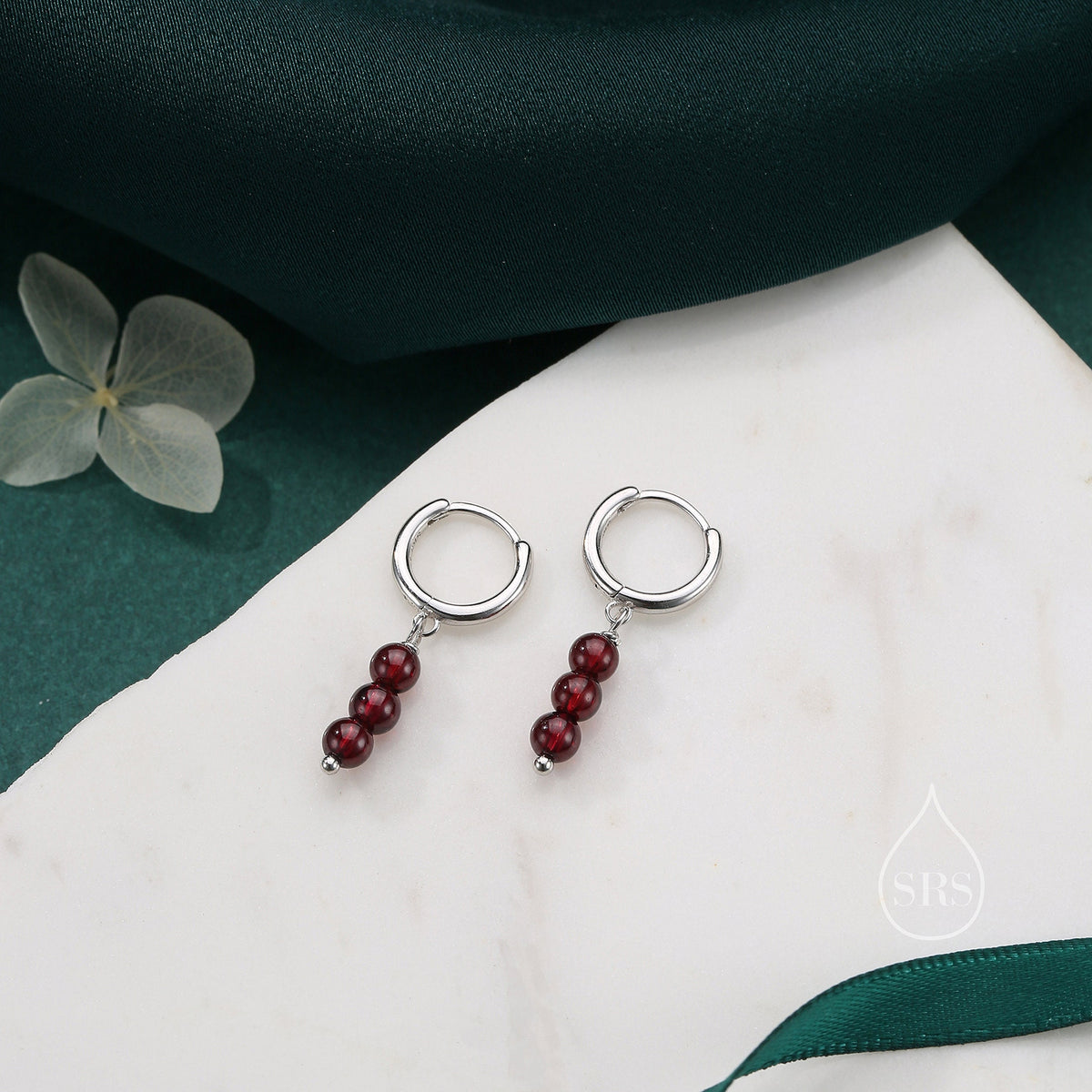 Genuine Garnet Stone Trio Huggie Hoop Earrings in Sterling Silver, Red Garnet Cluster Dangle Earrings, Three Stone Hoops, January