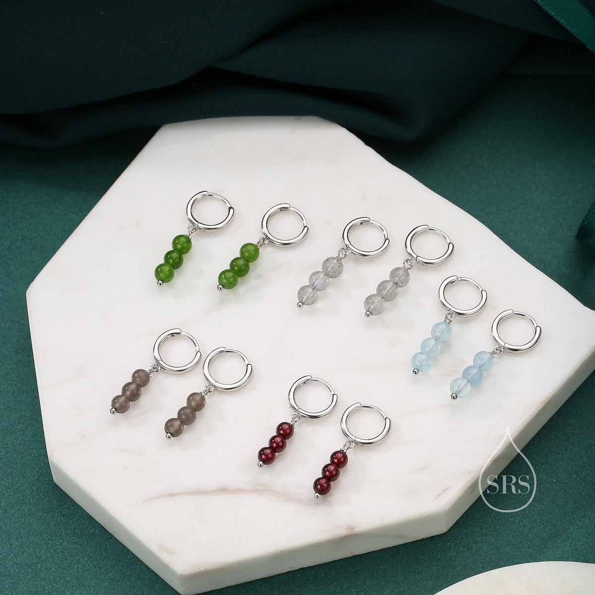 Genuine Jasper Jade Stone Trio Huggie Hoop Earrings in Sterling Silver, Jasper Jade Cluster Dangle Earrings, Three Stone Hoops