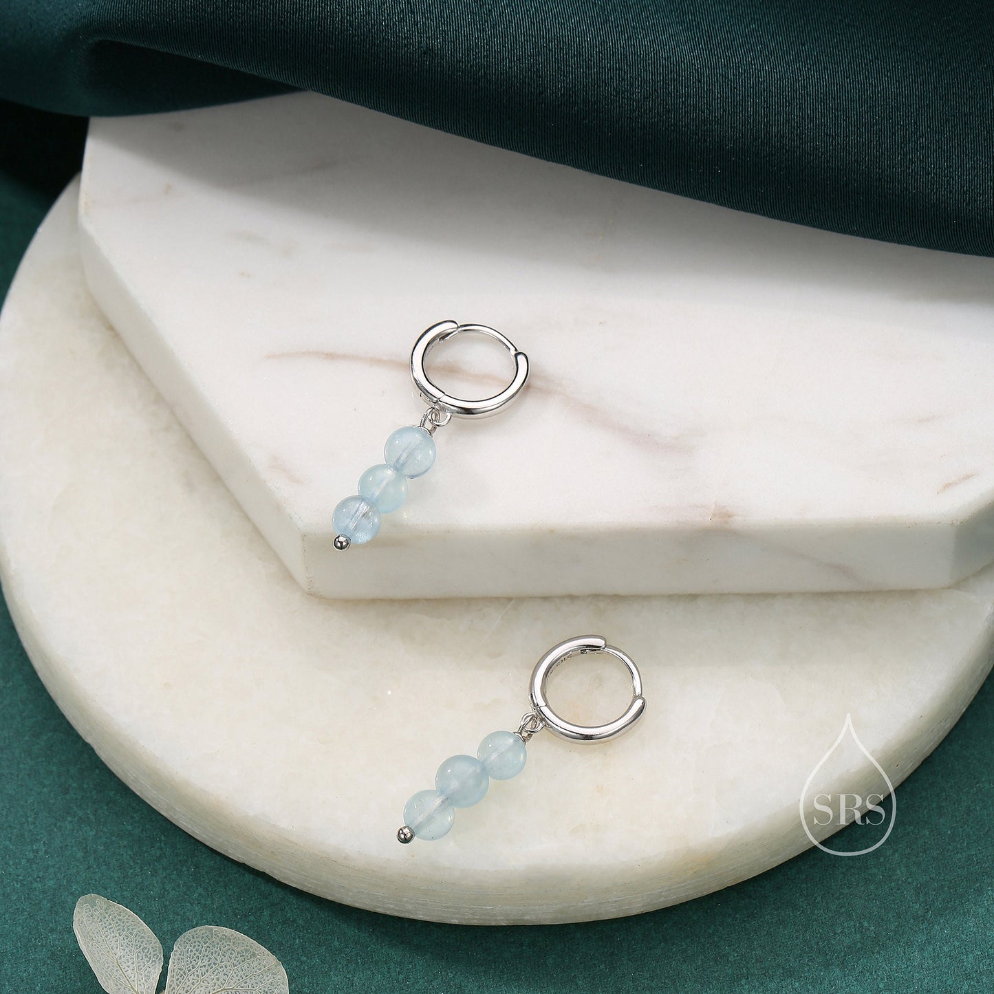 Genuine Blue Chalcedony Stone Trio Huggie Hoop Earrings in Sterling Silver, Blue Onyx Cluster Dangle Earrings, Three Stone Hoops