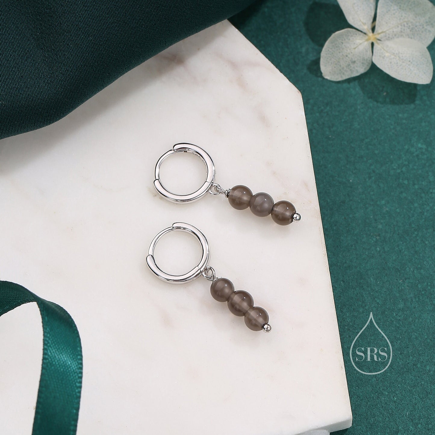 Genuine Smoky Quartz Stone Trio Huggie Hoop Earrings in Sterling Silver, Whisky Quartz Cluster Dangle Earrings, Three Stone Hoops