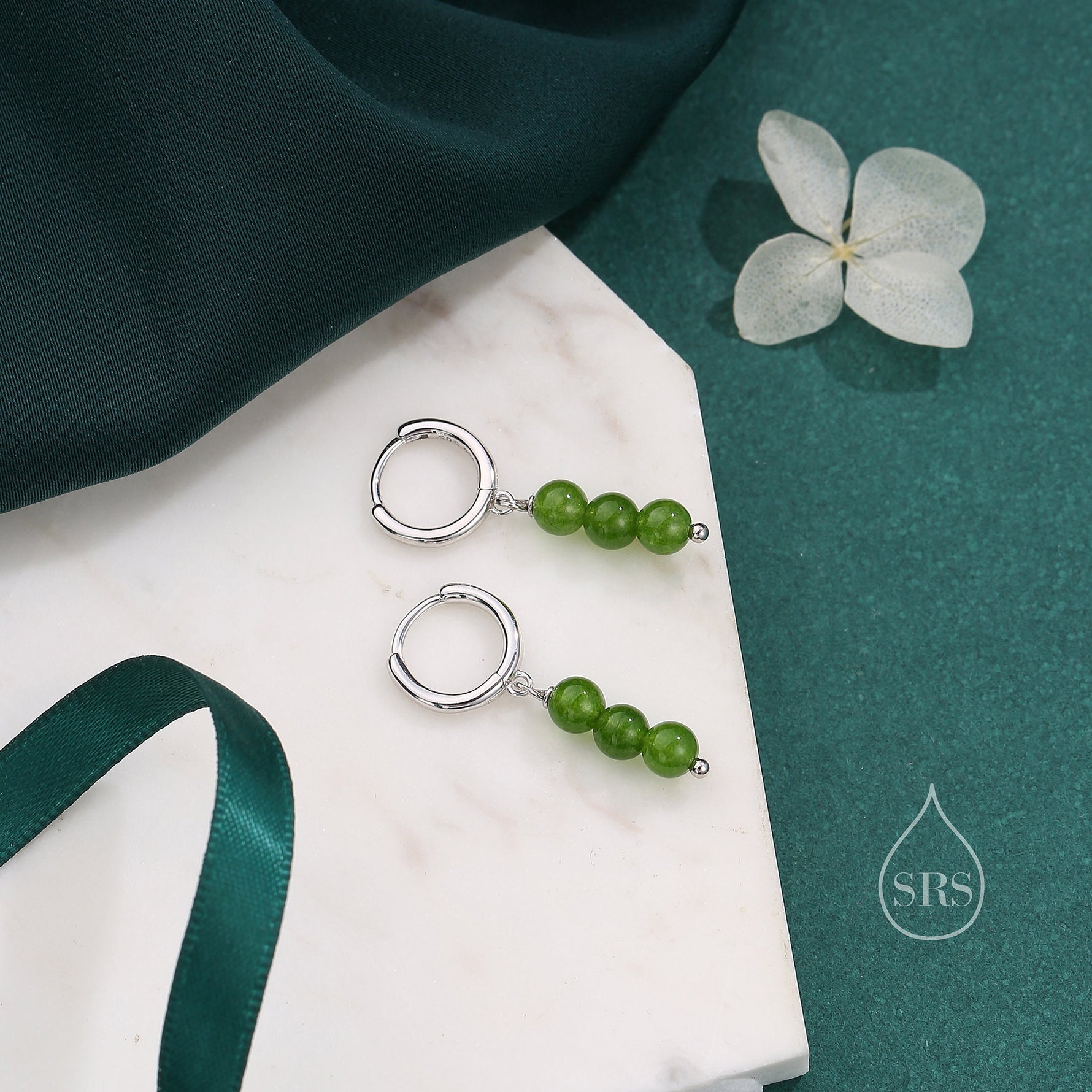 Genuine Jasper Jade Stone Trio Huggie Hoop Earrings in Sterling Silver, Jasper Jade Cluster Dangle Earrings, Three Stone Hoops