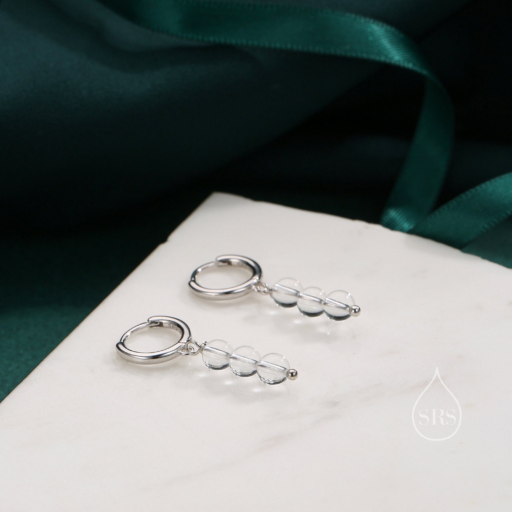Genuine Clear Quartz Trio Huggie Hoop Earrings in Sterling Silver, Clear Quartz Cluster Dangle Earrings, Three Stone Hoops